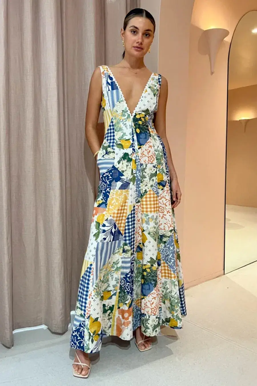 By Nicola Wavy Maxi Dress in Lemon Patchwork Print Size 10 - Image 1