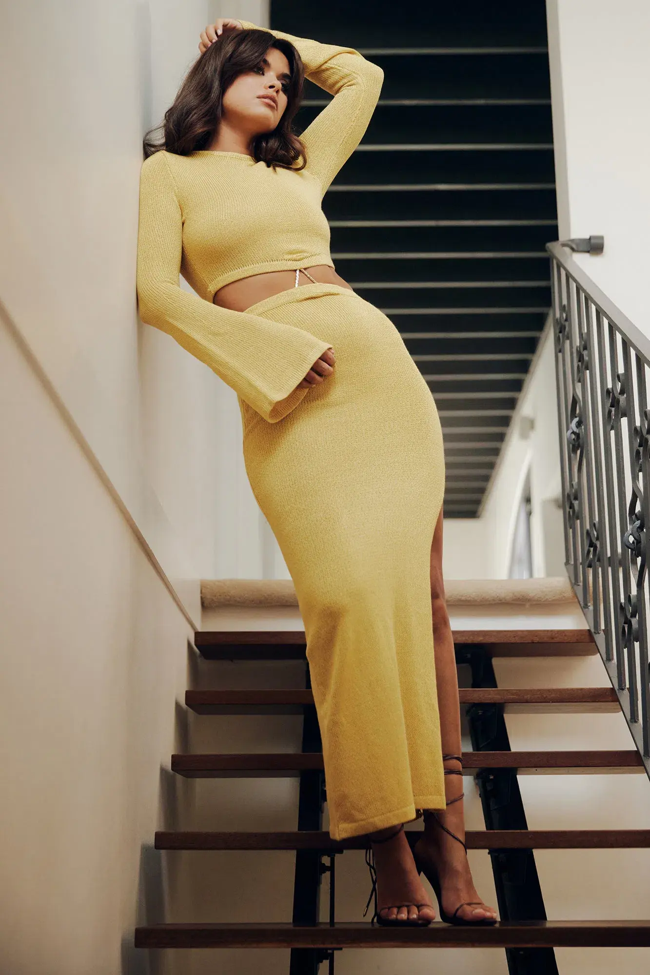 Meshki Anna Flare Sleeve Knit Dress Yellow Size S/AU 8 - Image 2