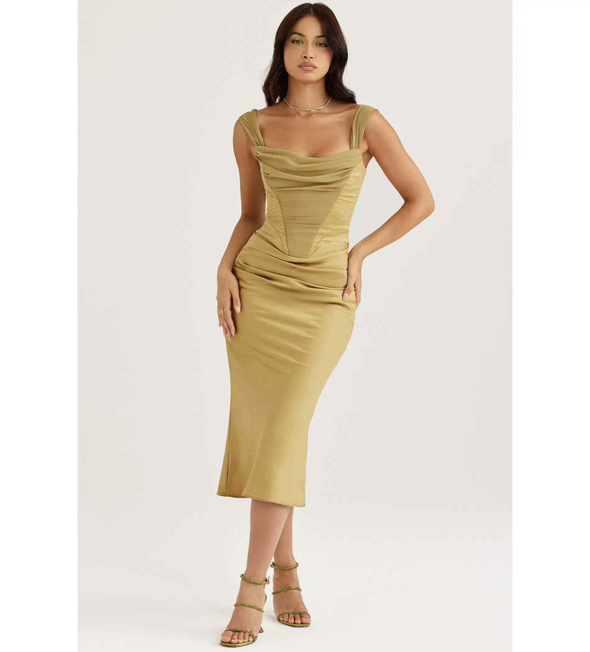 House of CB Natalya Satin Corset Midi Dress Olive Size XS / Au 6 - Image 1