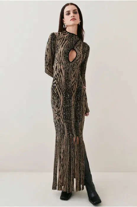 Karen Millen Slinky Knit Twist Neck Maxi Dress Gold Size XS / AU 6 - Image 1