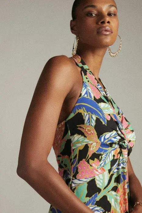 Karen Millen Bird Print Twist Waist Jersey Maxi Dress Multi XS / AU 6 - Image 3