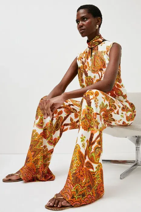 Karen Millen Petite Batik Floral Palazzo Woven Trouser And High Neck Top Orange Size AU 6 - Image 4