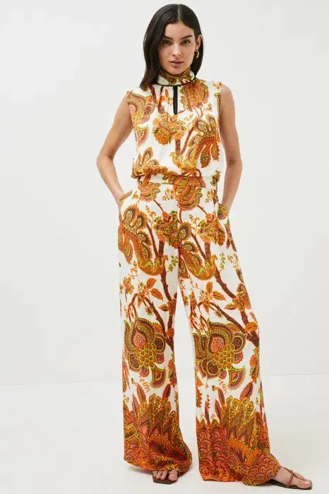 Karen Millen Petite Batik Floral Palazzo Woven Trouser And High Neck Top Orange Size AU 6 - Image 2