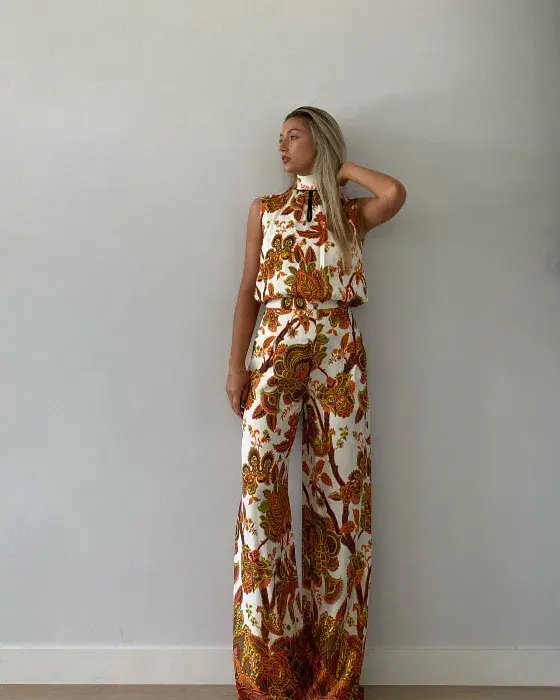 Karen Millen Petite Batik Floral Palazzo Woven Trouser And High Neck Top Orange Size AU 6 - Image 1
