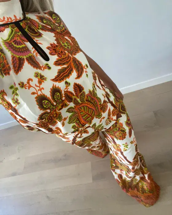 Karen Millen Petite Batik Floral Palazzo Woven Trouser And High Neck Top Orange Size AU 6 - Image 3