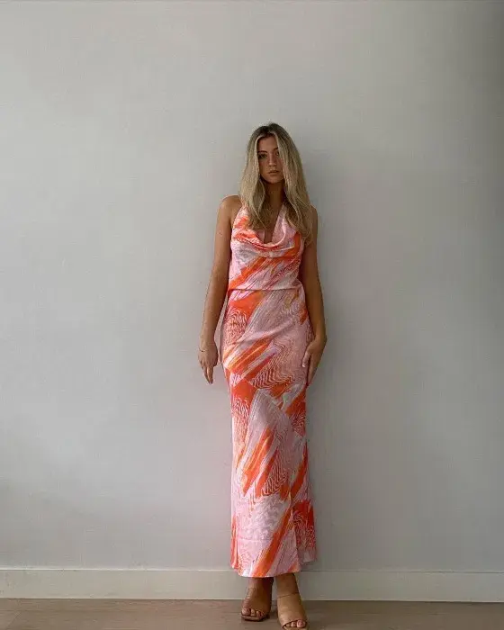 Karen Millen Optical Print Midi Halter Dress Orange Size XS / AU 6 - Image 5