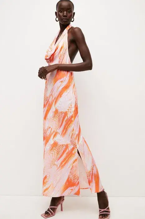 Karen Millen Optical Print Midi Halter Dress Orange Size XS / AU 6 - Image 1