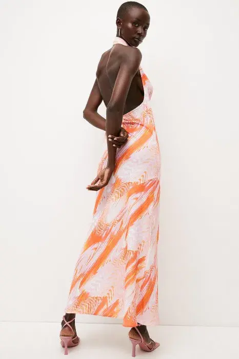 Karen Millen Optical Print Midi Halter Dress Orange Size XS / AU 6 - Image 3