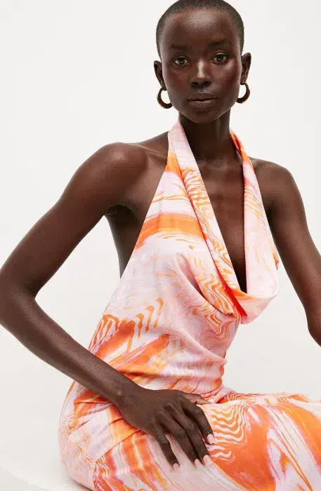 Karen Millen Optical Print Midi Halter Dress Orange Size XS / AU 6 - Image 2