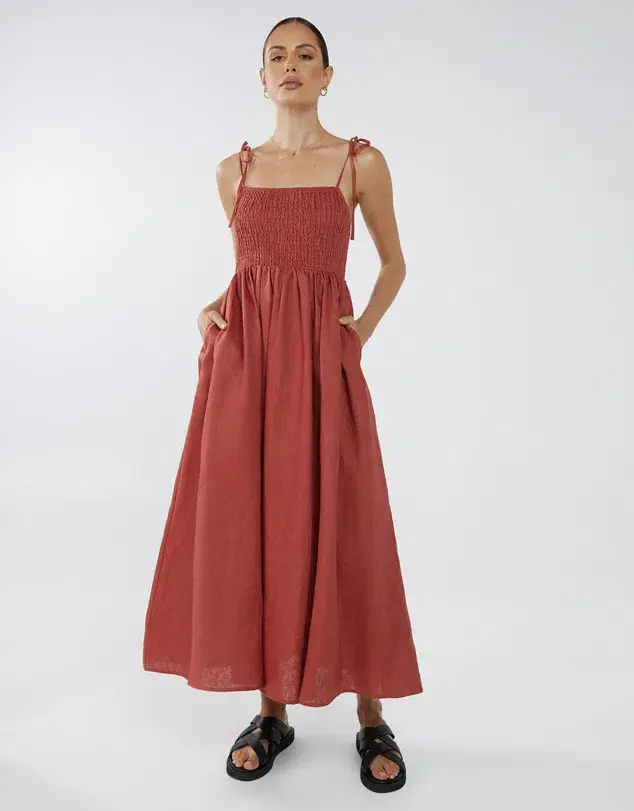 Aere Tie Strap Linen Maxi Dress Red Size AU 10 - Image 1