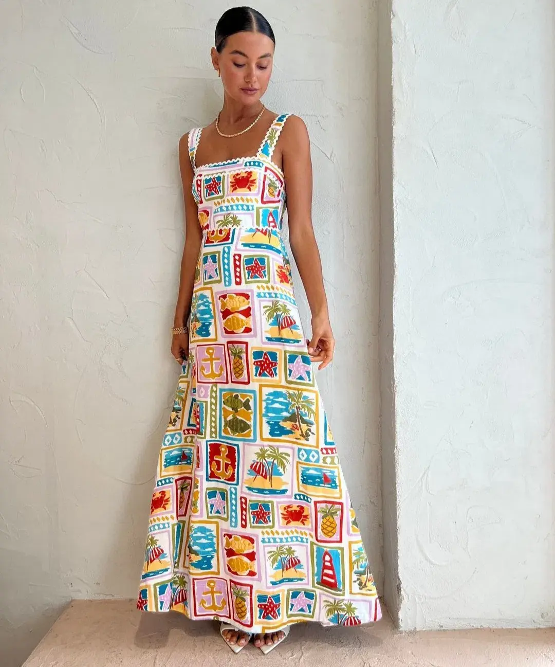 By Nicola Goldie Maxi Dress in Summer Vacation Multi Size AU 10 - Image 1