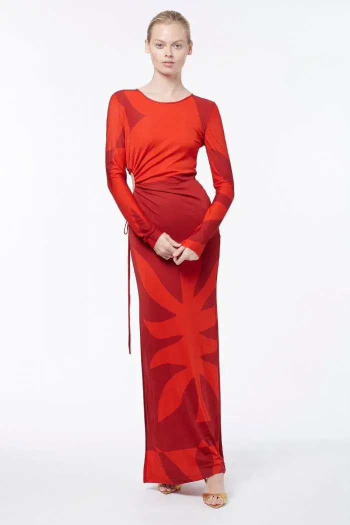 Manning Cartell Flame Tree Long Sleeve Dress Red Size AU 16 - Image 1