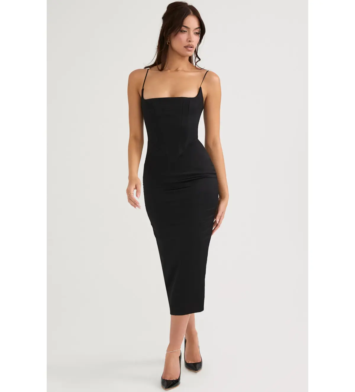 House of CB Anais Satin Pointed Corset Midi Dress Black Size 10 - Image 1