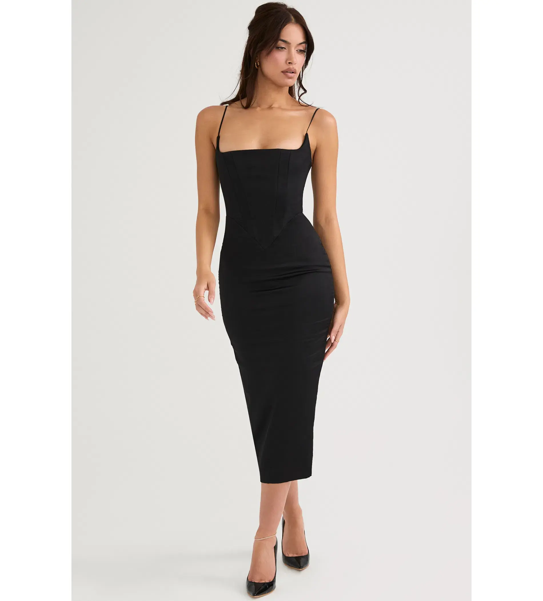 House of CB Anais Satin Pointed Corset Midi Dress Black Size 10 - Image 1