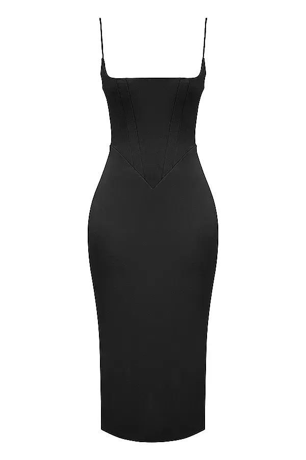 House of CB Anais Satin Pointed Corset Midi Dress Black Size 10 for rent on The Volte - main image