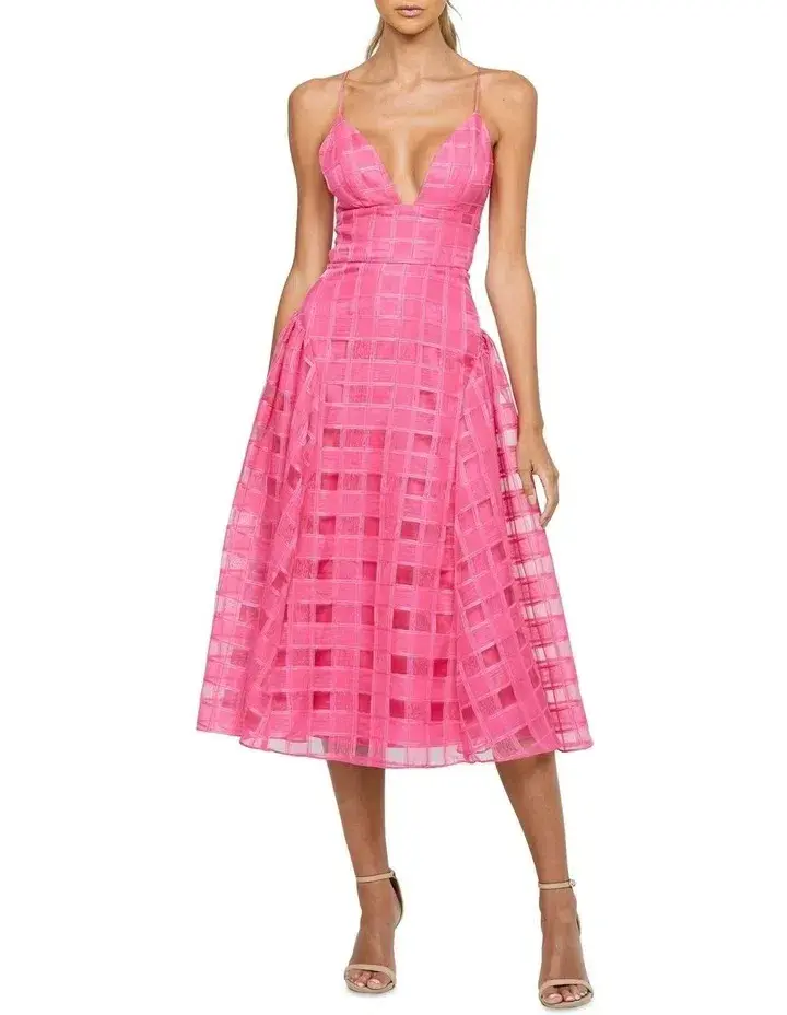 Bariano Kora V Neck Aline Midi Dress in Barbie Pink Size 10 - Image 1