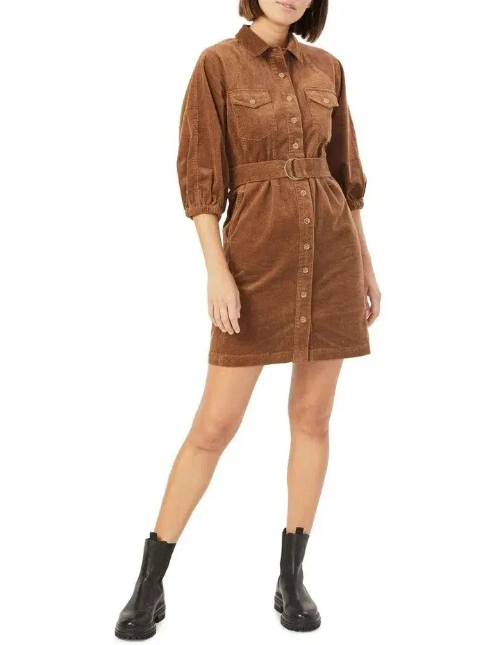 French Connection Corduroy Puff Sleeve Mini Dress Brown Size 12 - Image 1