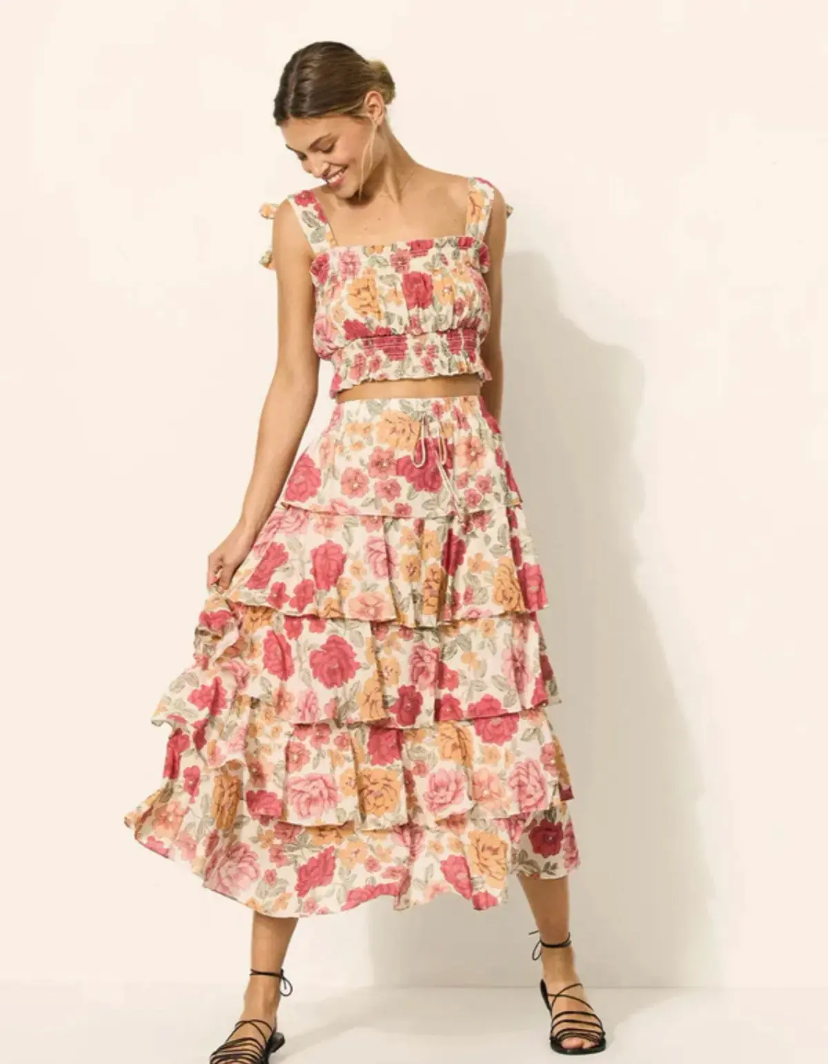 Kivari Camela Shirred Top Size 14 and Midi Skirt Size 10 Set Floral  - Image 1