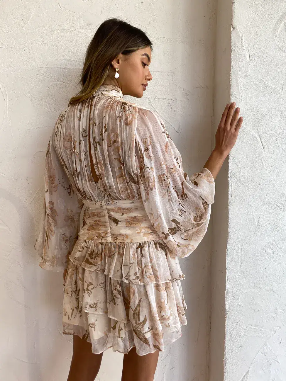 Shona Joy Nina Long Sleeve Ruched Mini Dress Floral Size 8 for rent on The Volte - main image