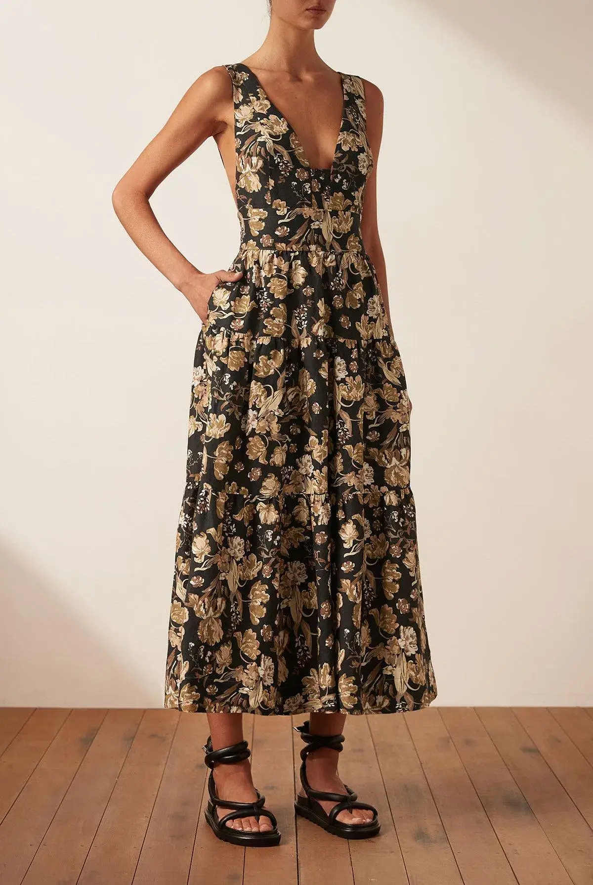 Shona Joy Palermo Linen Plunged Low Back Midi Dress Floral Size 8 / S - Image 1