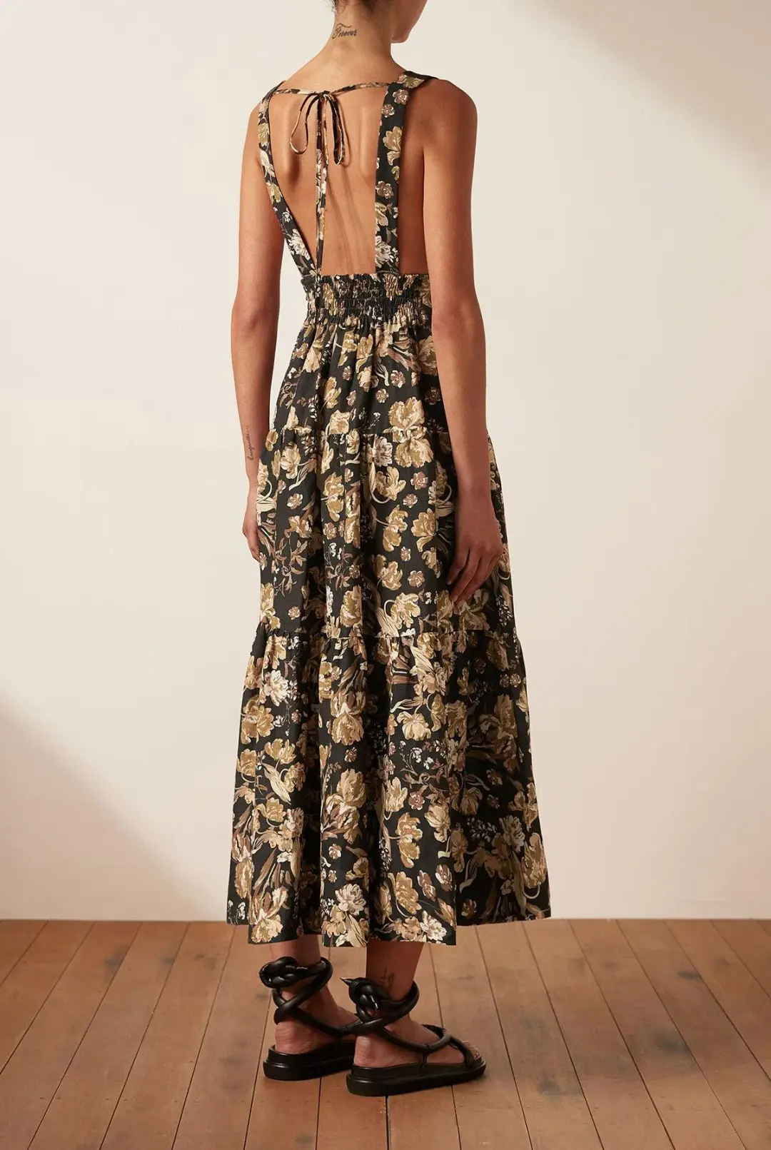 Shona Joy Palermo Linen Plunged Low Back Midi Dress Floral Size 8 / S for rent on The Volte - main image