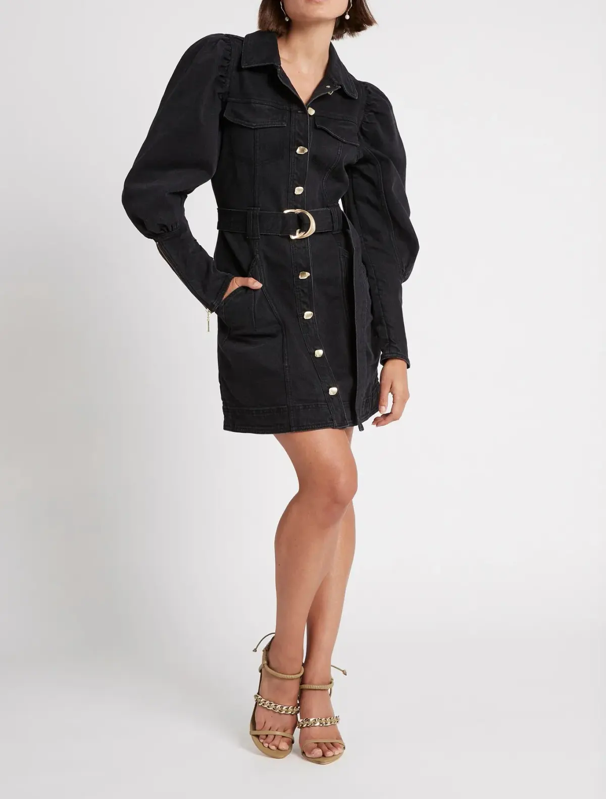 Aje Dione Denim Long Sleeve Mini Dress Black Size 12 - Image 1