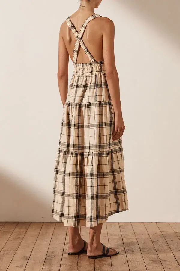Shona Joy Linen Plunge Dress Cross Back Midi Dress Print Size 10 - Image 3
