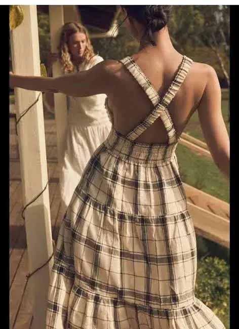 Shona Joy Linen Plunge Dress Cross Back Midi Dress Print Size 10 for rent on The Volte - main image