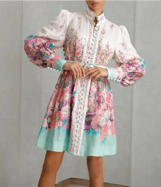 Zimmermann Jude Buttoned Mini Dress Aqua Gradient Floral Size 2 / AU 12 - Image 3