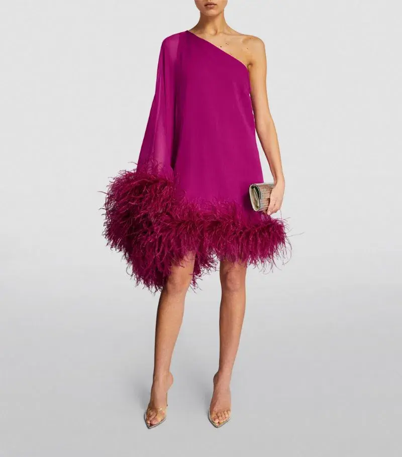 TALLER MARMO  Feather-Trimmed Asymmetric Mini Dress Pink Size 10 - Image 1