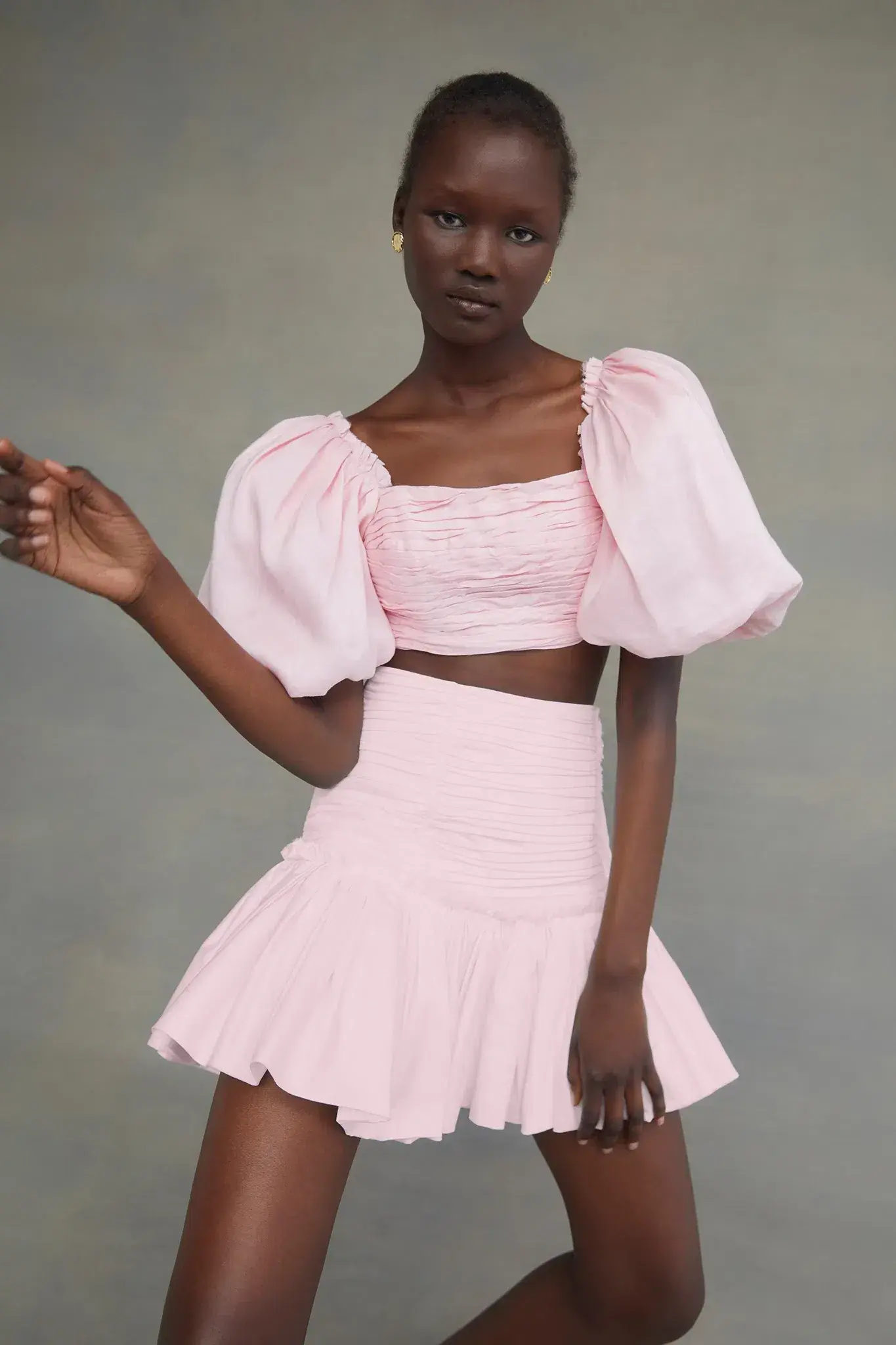 Aje Myriad Puff Sleeve Cropped Top & Tiered Mini Skirt Set Pink Size 4 - Image 2