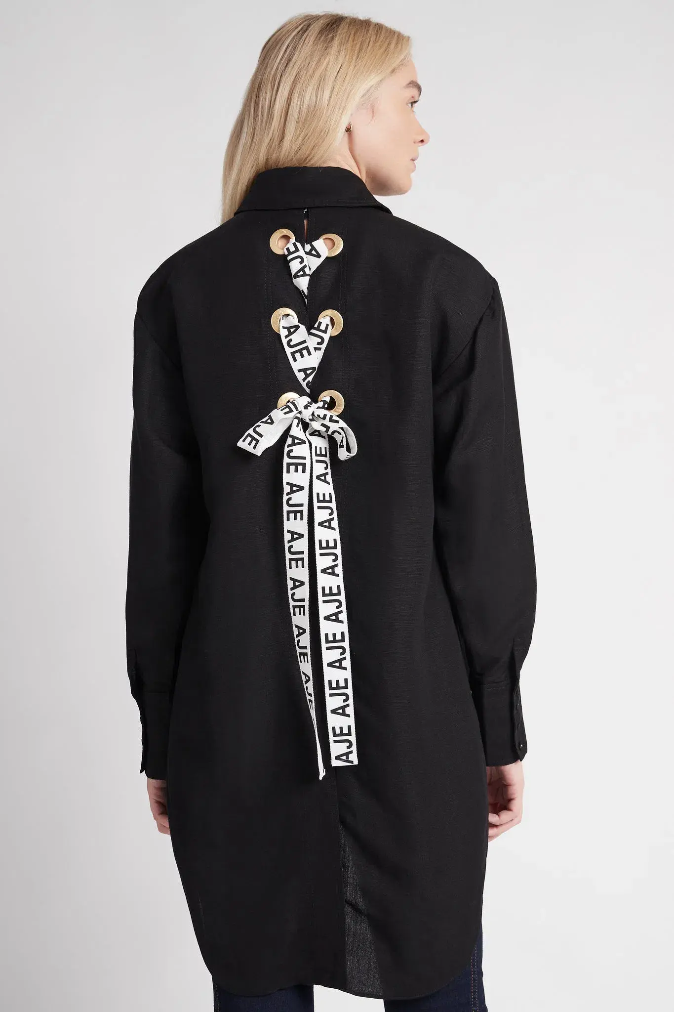 Aje Virtuous Lace-Up Longline Shirt In Black Size 10 - Image 4