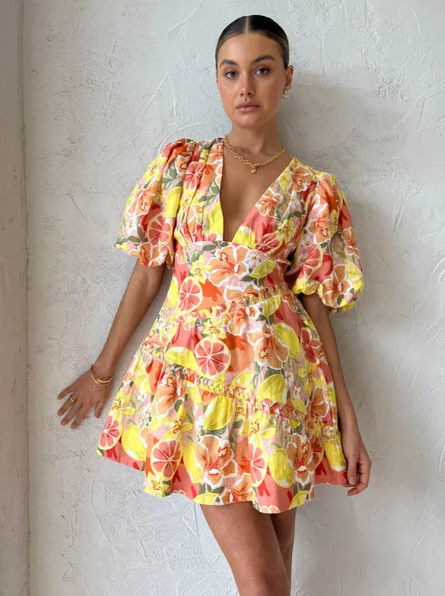 By Nicola Sol Puff Sleeve Mini Dress in Citrus Print Size 6 - Image 3
