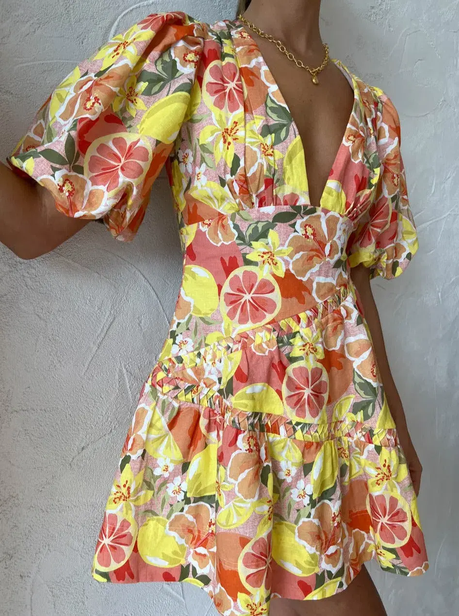 By Nicola Sol Puff Sleeve Mini Dress in Citrus Print Size 6 - Image 5