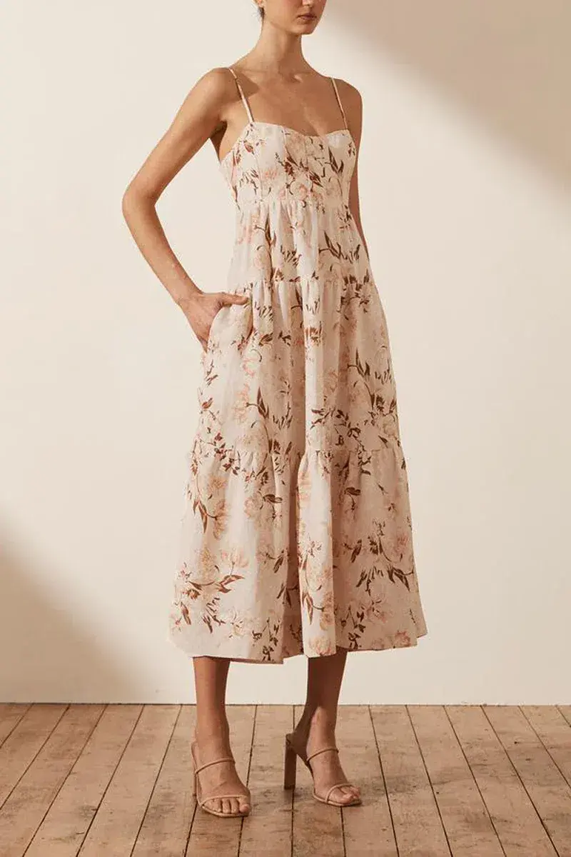  Shona Joy Roxanne Linen Tiered Midi Dress Floral Size 10 for rent on The Volte - main image