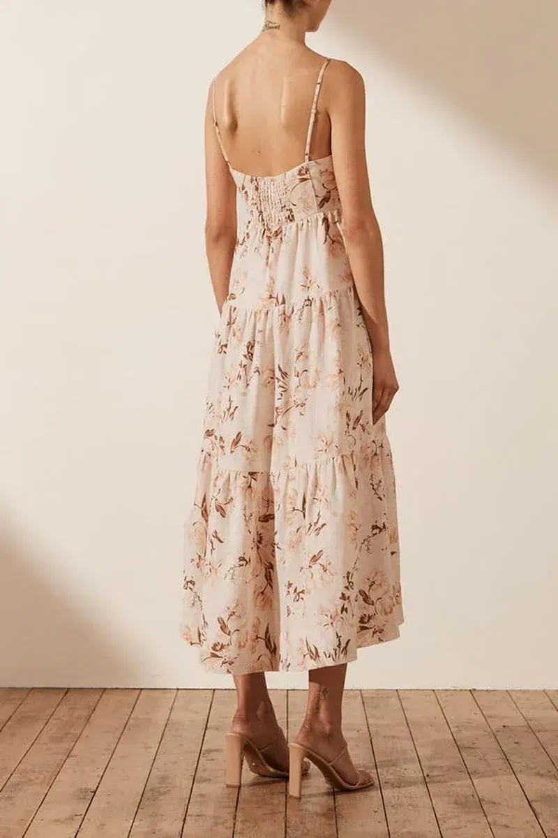  Shona Joy Roxanne Linen Tiered Midi Dress Floral Size 10 for rent on The Volte - main image