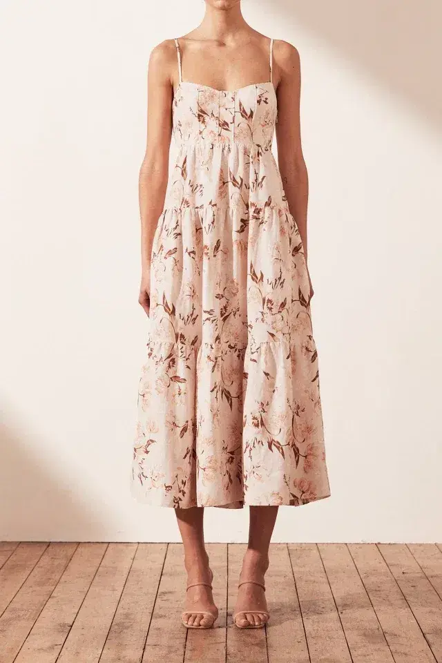  Shona Joy Roxanne Linen Tiered Midi Dress Floral Size 10 for rent on The Volte - main image