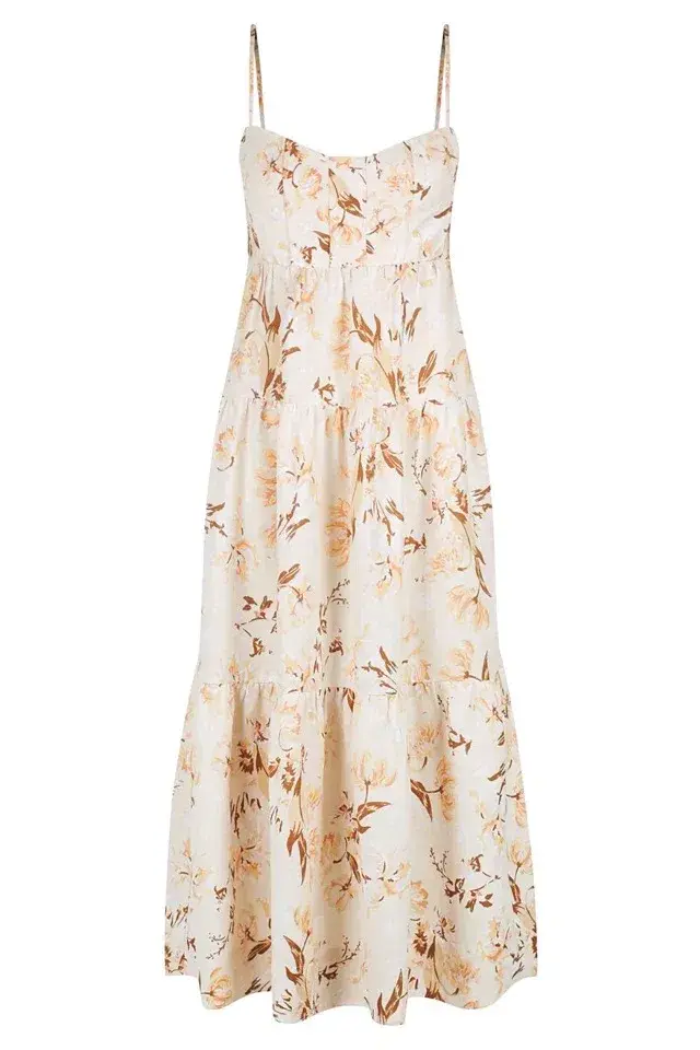  Shona Joy Roxanne Linen Tiered Midi Dress Floral Size 10 for rent on The Volte - main image