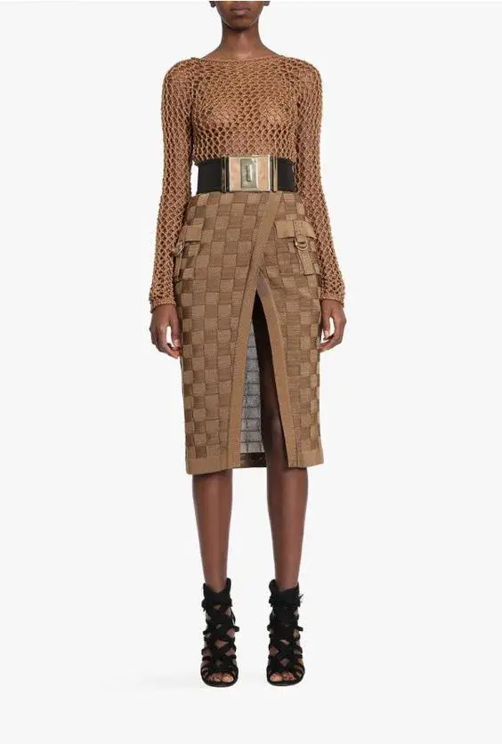 Balmain Woven Skirt Brown Size 6 - Image 1