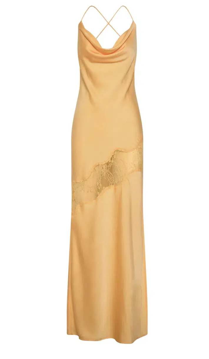 Meshki Chandra Lace Detail Satin Maxi Dress Lemon Size 6 - Image 4