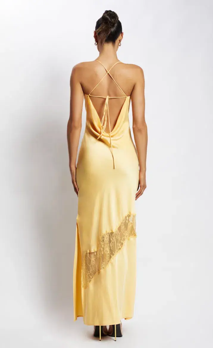 Meshki Chandra Lace Detail Satin Maxi Dress Lemon Size 6 - Image 2