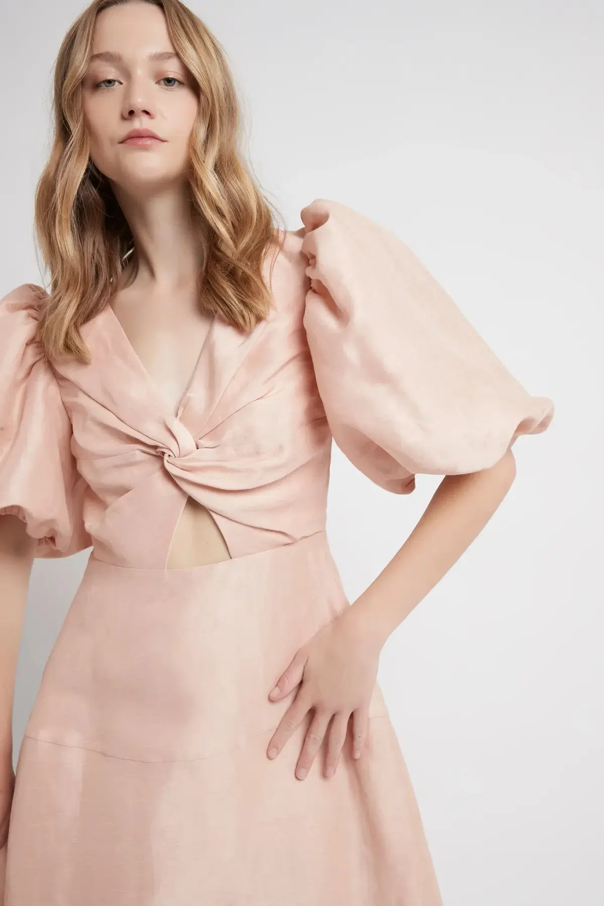 Aje Dusk Knot Puff Sleeve Midi Dress Blush Size AU 16 - Image 2