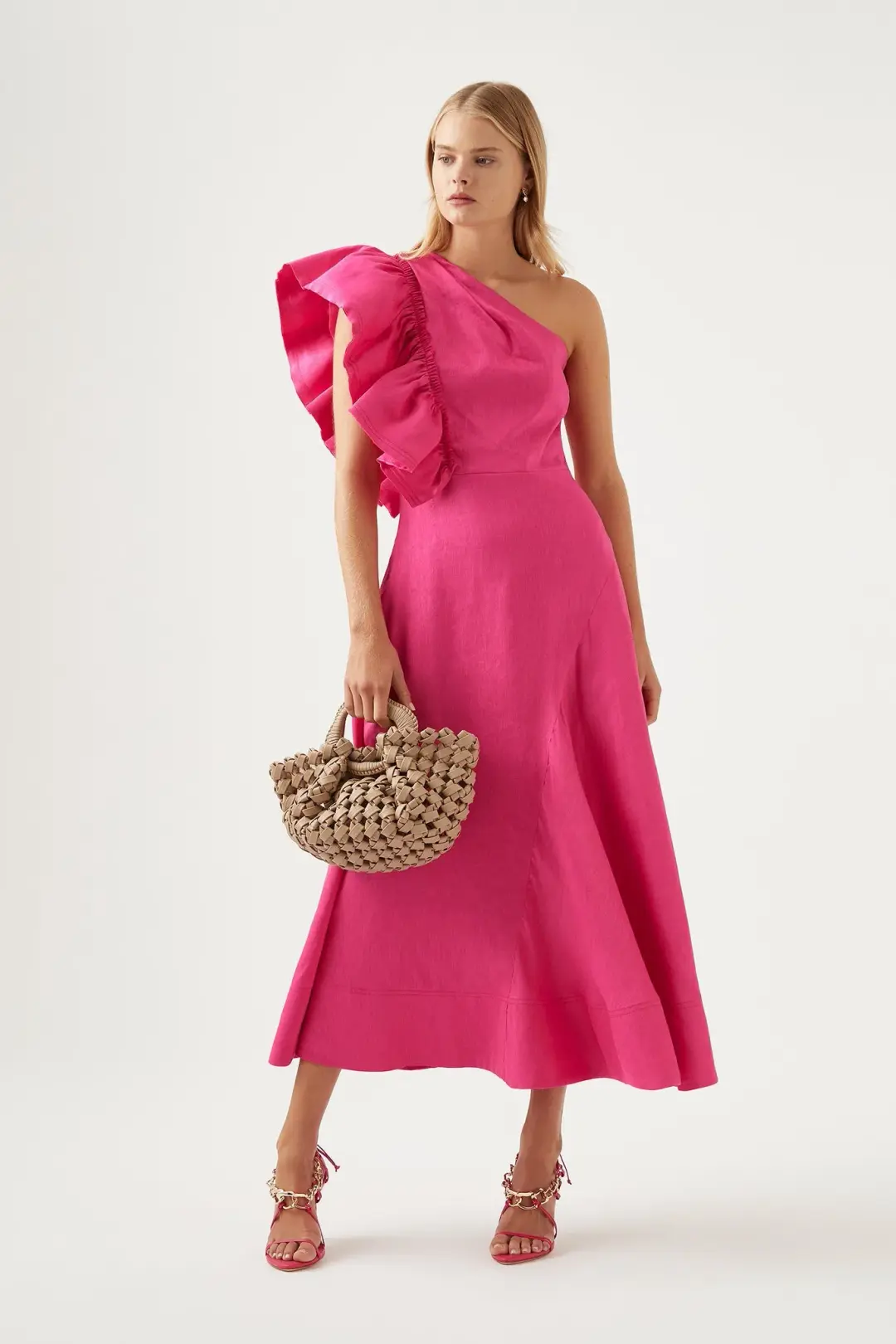 Aje Bonjour Asymmetric Midi Dress Pink Size L / AU 12 for rent on The Volte - main image