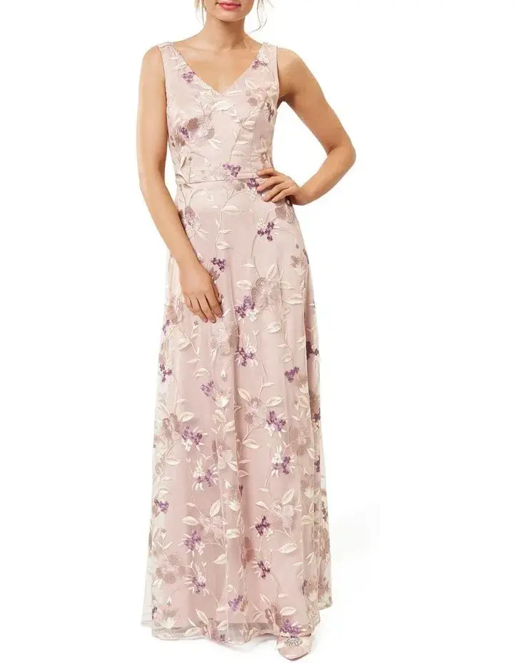 Review Bella Floral Maxi Dress Blush Size 8 for rent on The Volte - main image