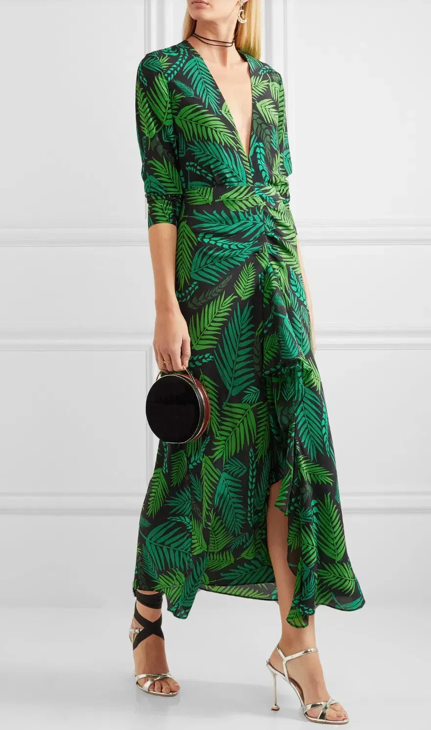 Rixo 'Rose'  open back ruffled, green printed silk georgette maxi dress size Small AU10 for rent on The Volte - main image