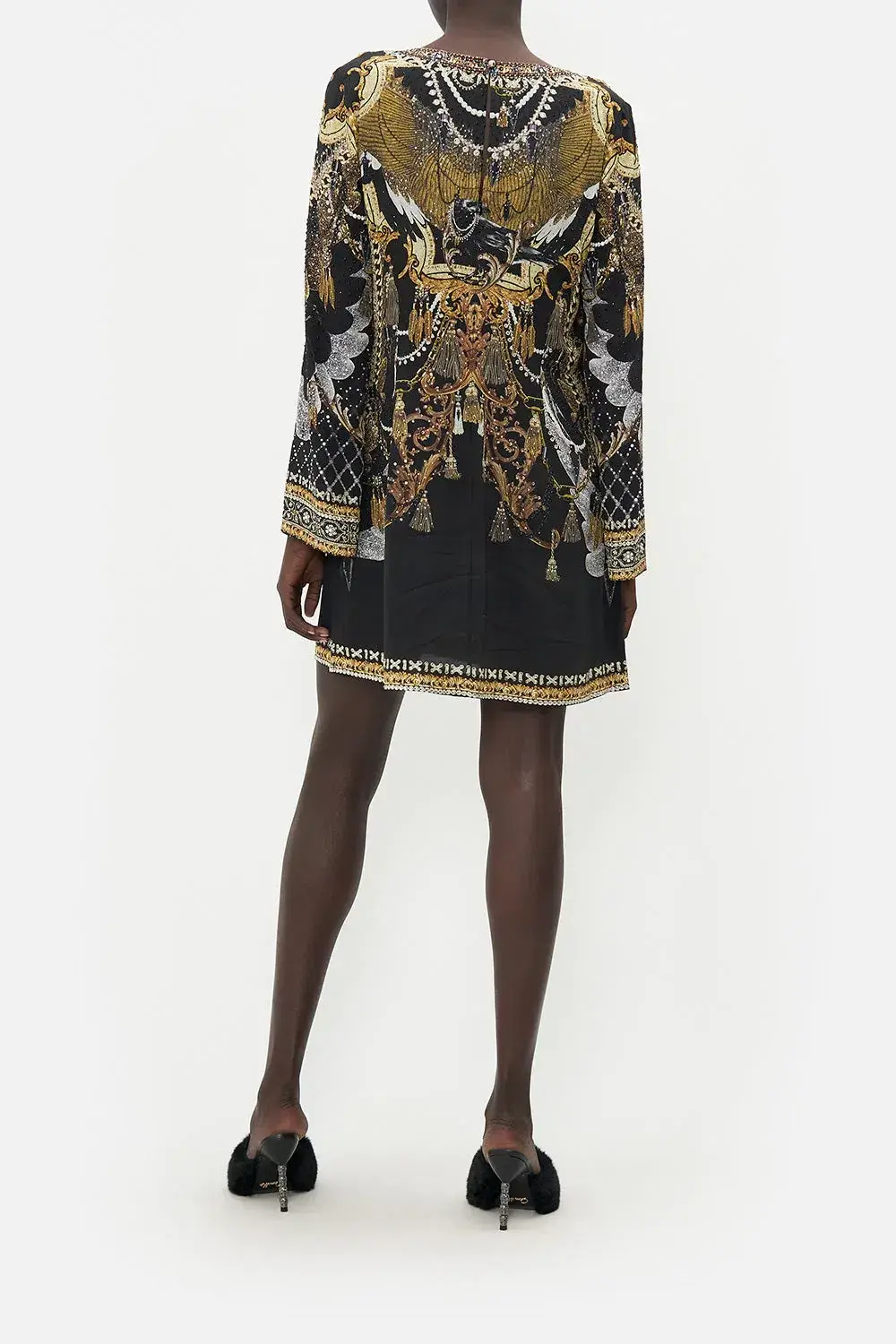 Camilla Long Sleeve Deep V Short Dress Ravin Raven Print Size 10 for rent on The Volte - main image