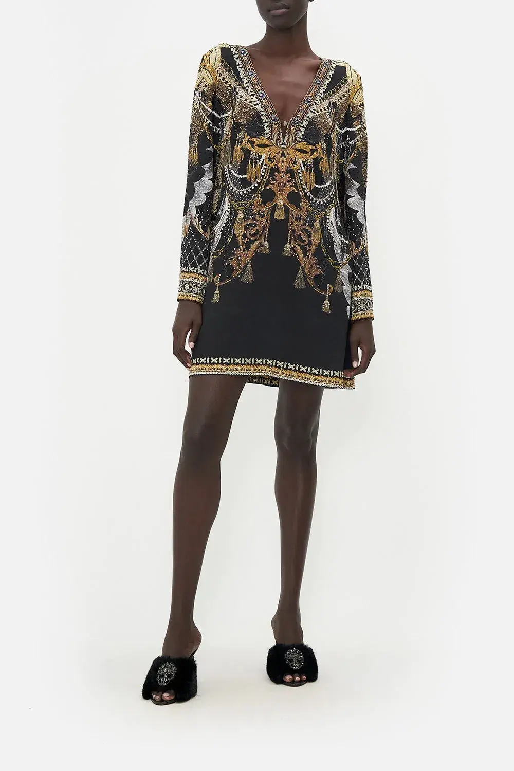 Camilla Long Sleeve Deep V Short Dress Ravin Raven Print Size 10 - Image 1
