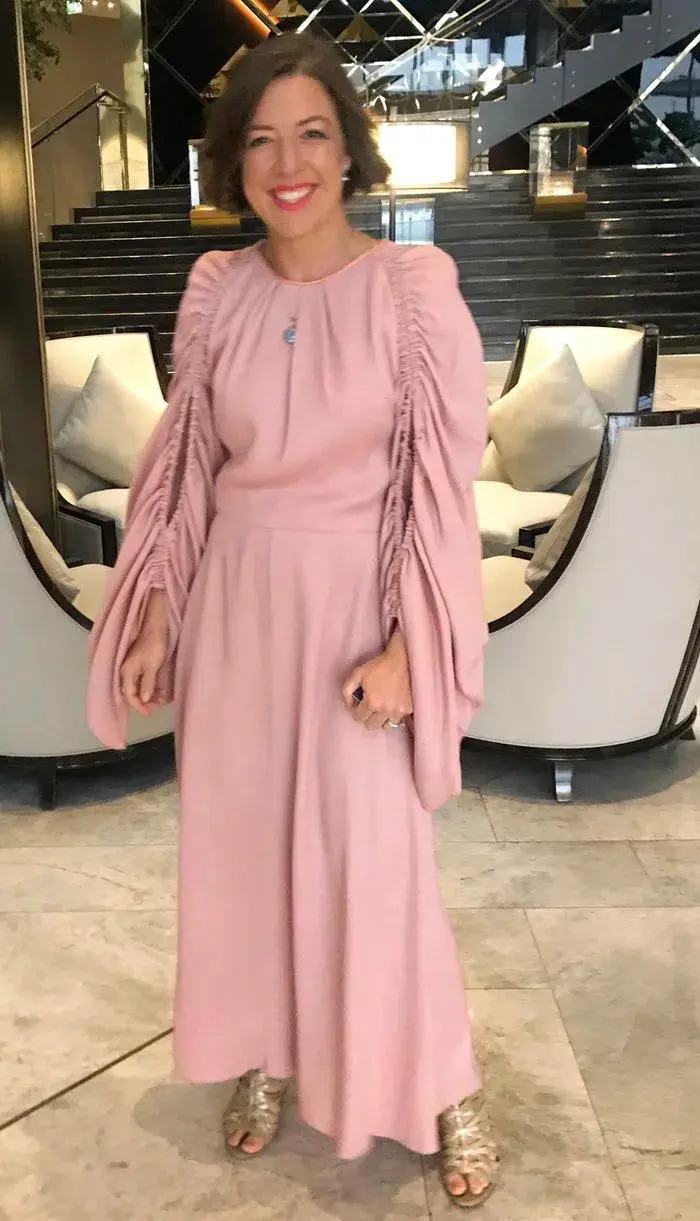 Roksanda Silk Midi Dress With Ruched Sleeves Pastel Pink Size AU 8 - Image 1