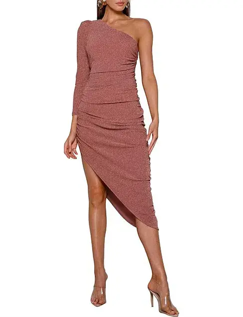 Elle Zeitoune Rose Gold Midi One Shoulder Ruched Dress Blush Size AU 10 - Image 1