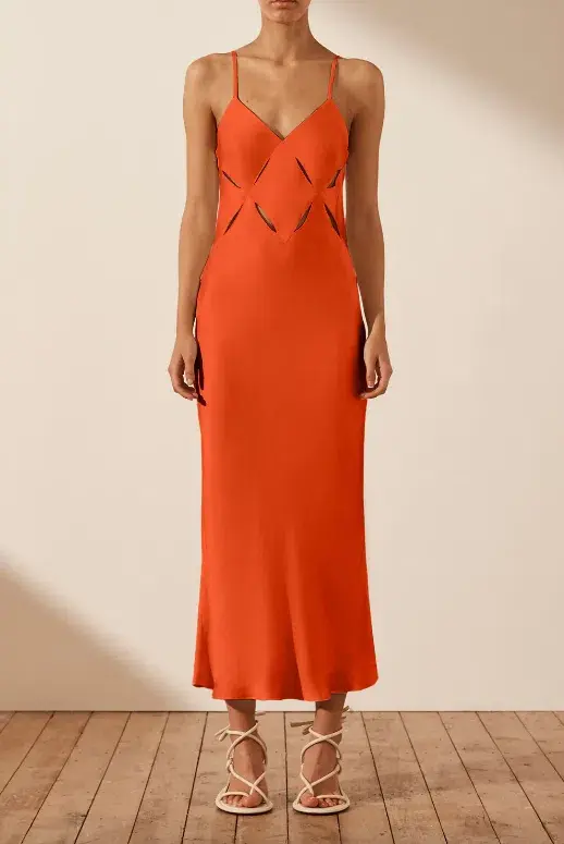 Shona Joy Milo Cut Out Slit Midi Dress - Hibiscus Red/ Orange Size AU 12 for rent on The Volte - main image